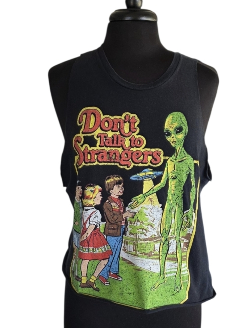 Vintage Custom Cut Cropped Alien Tank Top Black Don't Talk to Strangers Graphic